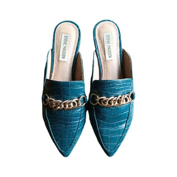 Steve Madden Chain Mule Loafers Size 6.5M Turquoise Crocodile Pointed Toe Flats - Picture 2 of 10